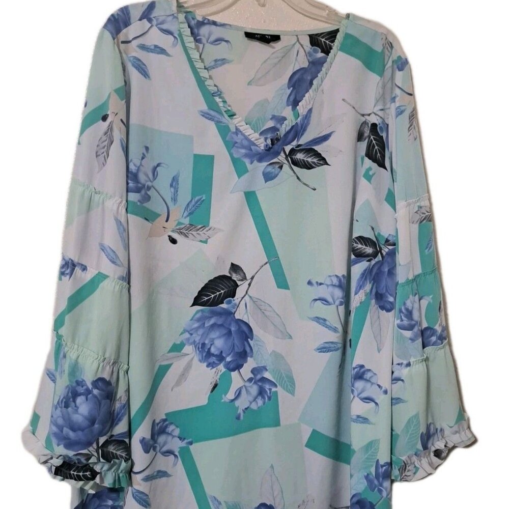 Alfani Womens Blouse Floral Blue Green 3X Plus‎ size Long Sleeve Satin